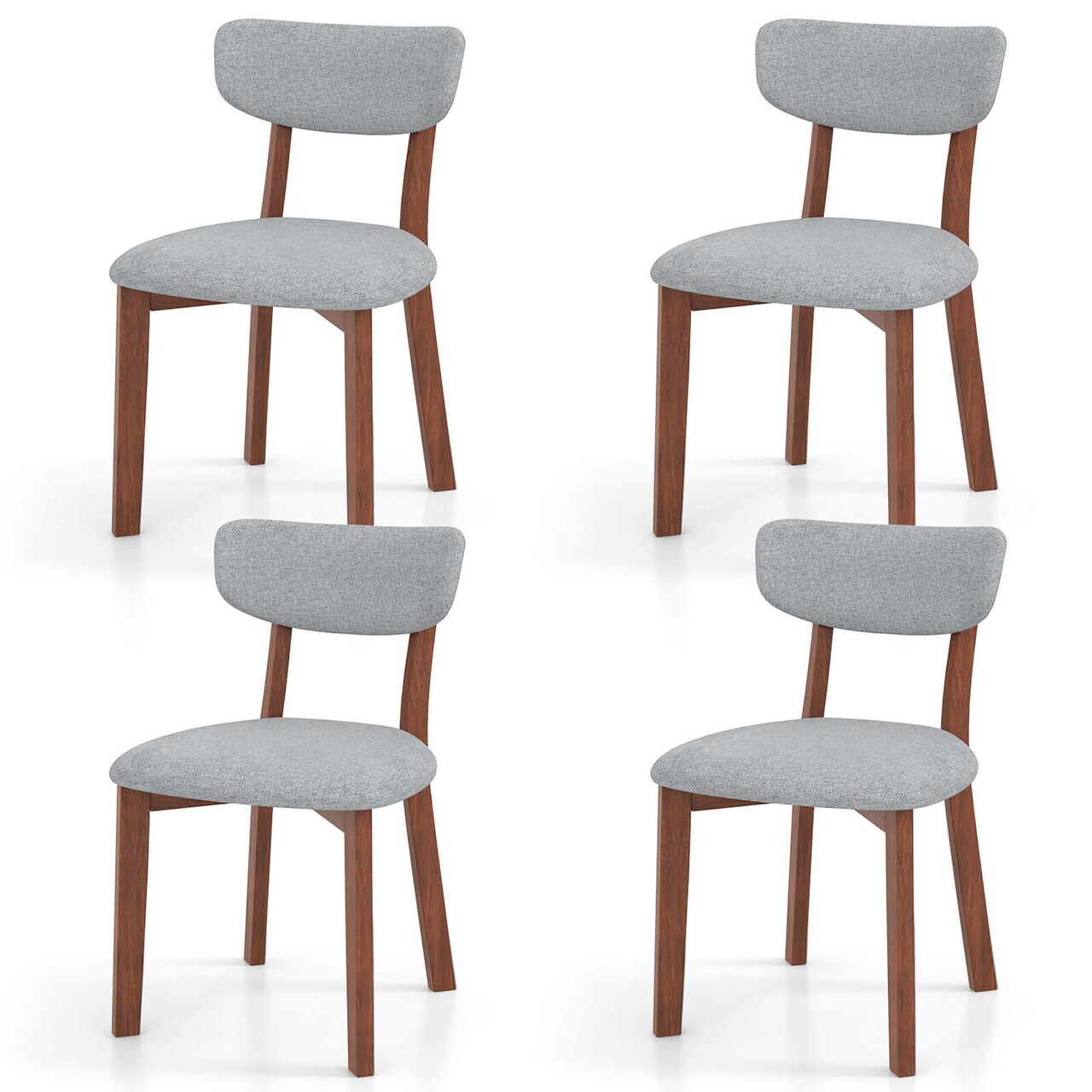 Costway Upholstered Dining Chairs Set of 4 with Solid Rubber Wood Frame, Curved Backrest Brown/Grey